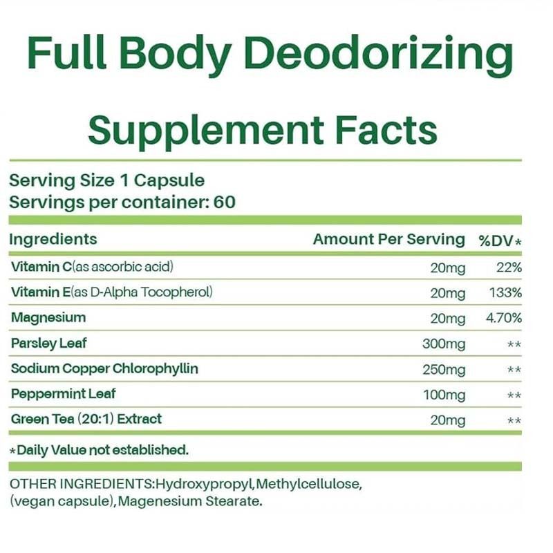 신체 탈취 보충제 - 남성 및 여성을위한 자연적인 내부 냄새 제어 알약 | 호흡, 신체 및 장 건강을위한 엽록소 캡슐