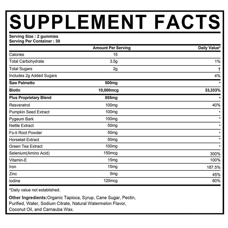여성 및 남성용 공장 헤어 성장 보충제 DHT 차단제 젤리 호르몬 균형 지원 전립선 건강 쏘팔메토 젤리