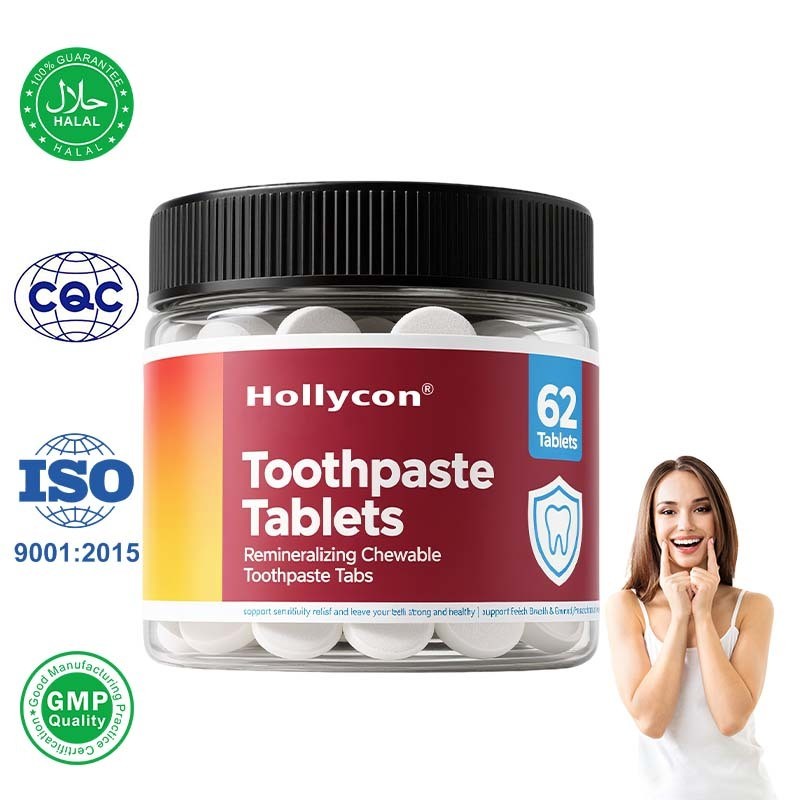공장 제조 치약 정제, 프로 바이오 틱스와 플루오 라이드 및 플라스틱이없는 나노 하이드 록시 아파타이트, 에코 및 여행 친화적 인 크기, 씹을 수있는 치약 탭, 맞춤형 공식을 재구성합니다.