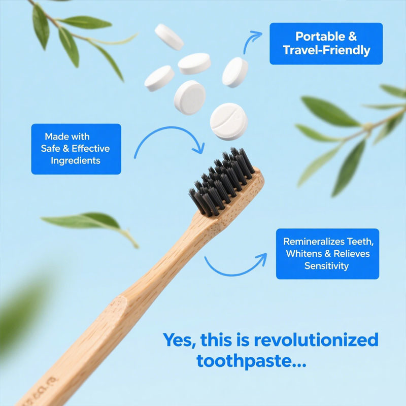 공장 제조 치약 정제, 프로 바이오 틱스와 플루오 라이드 및 플라스틱이없는 나노 하이드 록시 아파타이트, 에코 및 여행 친화적 인 크기, 씹을 수있는 치약 탭, 맞춤형 공식을 재구성합니다.