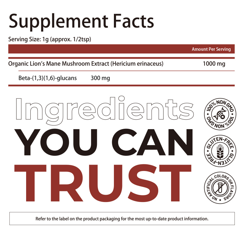 유기농 사자 껍질 보충제 분말 100% 과일 몸 추출물과 30% 베타-글루칸을 사용하여 인지 지원 - 한 가구당 150g