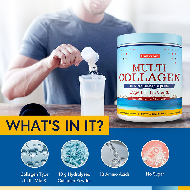 멀티 콜라겐 펩타이드 파우더 타입 I II III V X 수분화된 콜라겐 보충제 454g 맞춤형 3g 매일 복용량