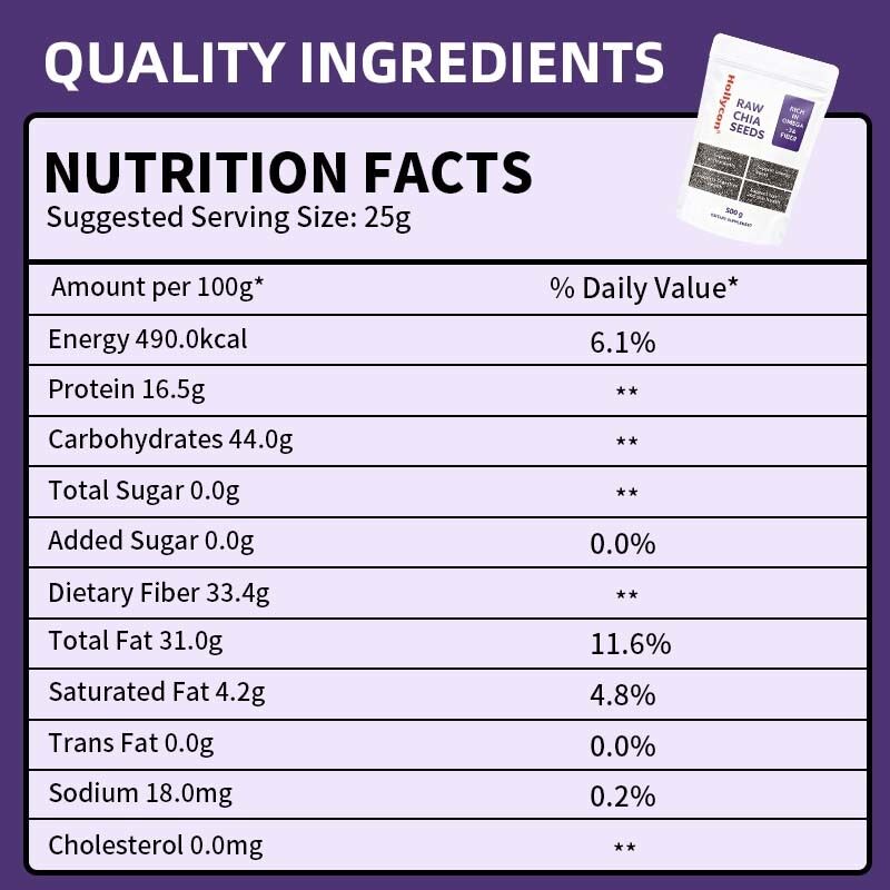 OEM/ODM 치아 씨앗 500g, 1개 팩 | 식용 씨앗 | 체중 관리용 씨앗 | 칼슘, 단백질 및 섬유질 풍부, 무설탕, 맞춤형 포뮬러
