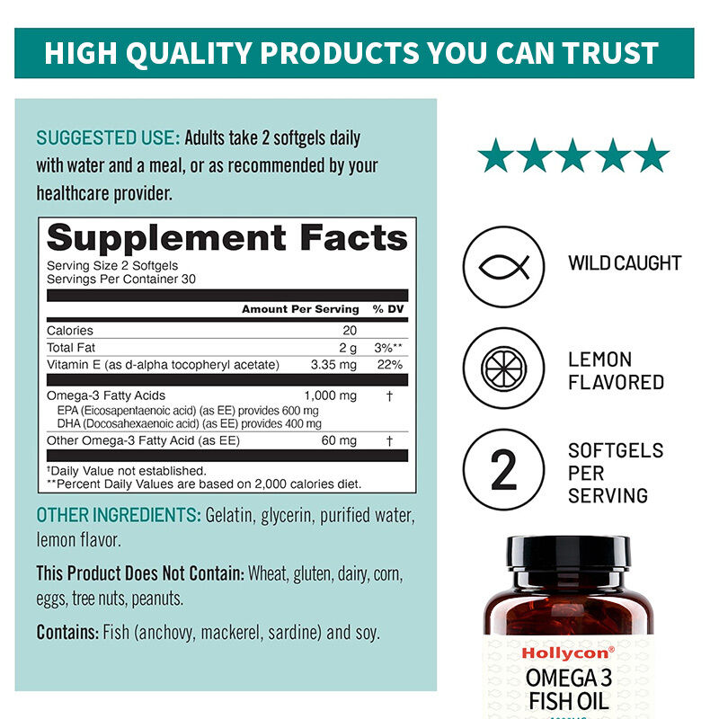 OEM 오메가 3 보충제 1회 제공량당 1000mg (EPA 600mg & DHA 400mg) 및 비타민 E, 심장 및 뇌 건강 지원 오메가 3 피쉬 오일