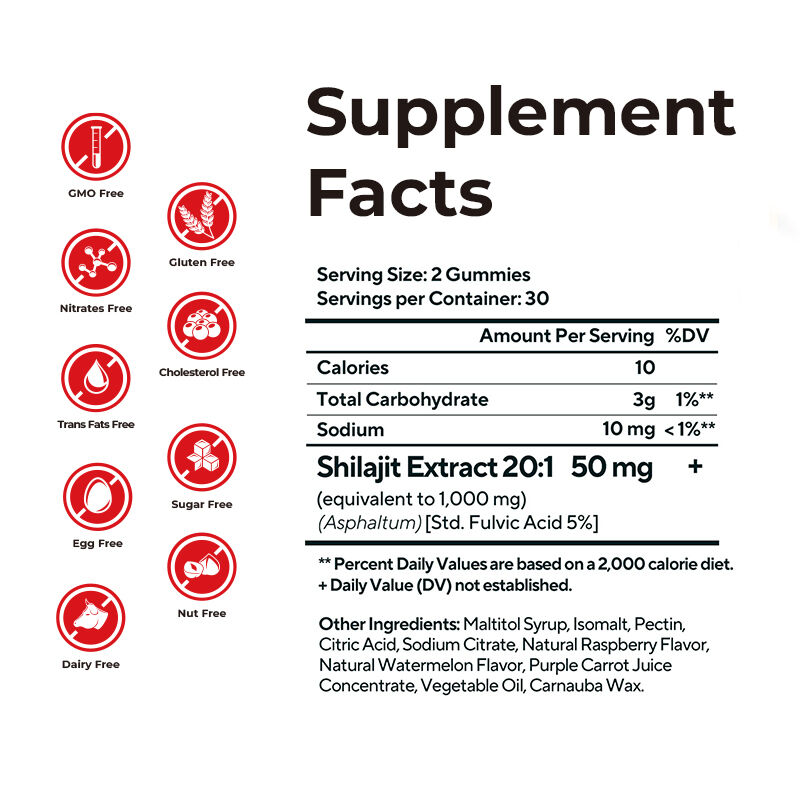 사설 레이블 쉴라지트 남성용 고무 Fulvic Acid Sugar Free Supplement 정상 에너지 수준과 면역 기능을 유지합니다